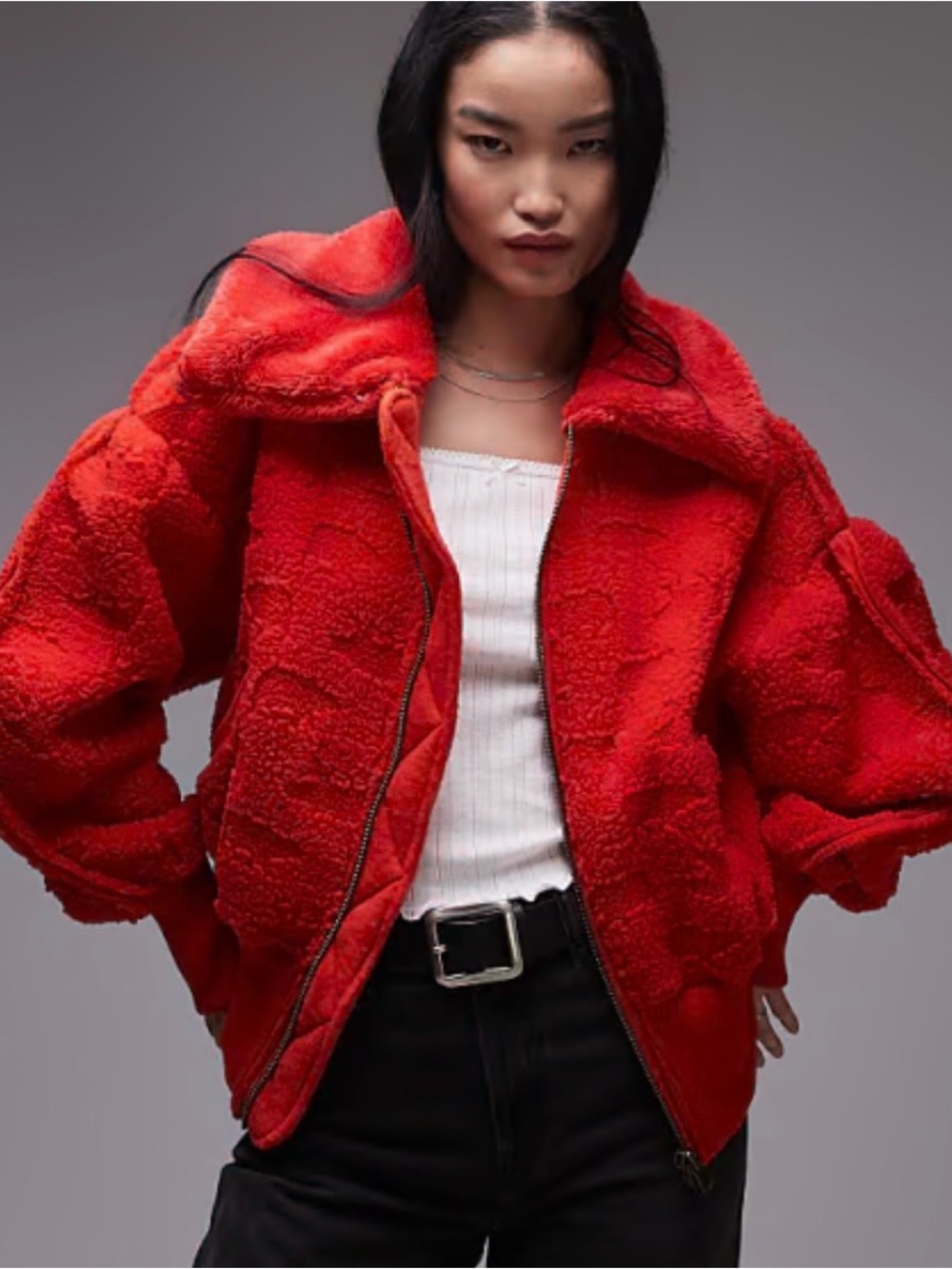 Free People Cozy Up Cardi High Risk Red Plush Sherpa Zip-Up Oversized Jacket